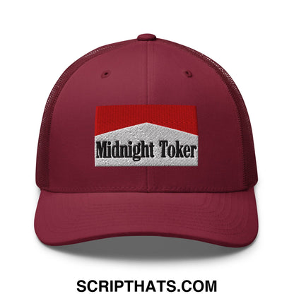 Maroon mesh trucker hat with red and silver embroidered midnight toker logo patch for casual wear