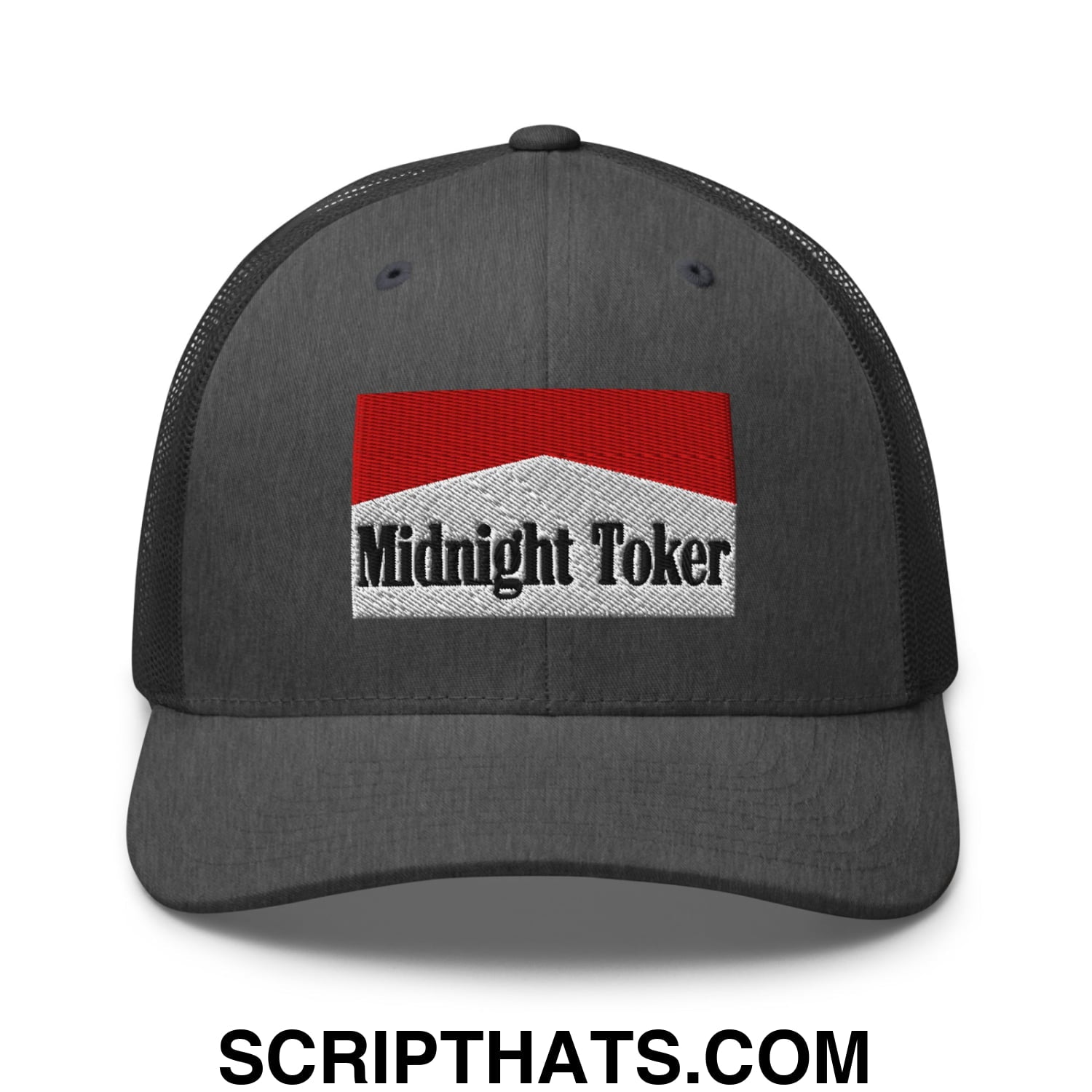 Midnight Toker Cigarette Red Embroidered Mesh Trucker Hat Dark Heather Gray