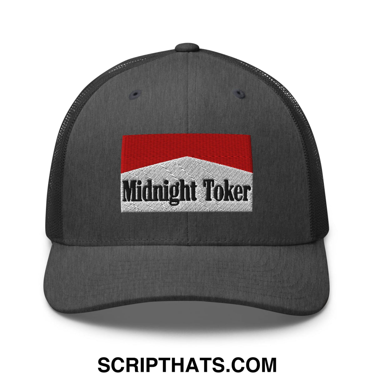 Dark gray mesh trucker hat with red and white embroidered midnight toker logo in cigarette style design