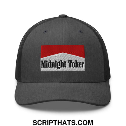 Dark gray mesh trucker hat with red and white embroidered midnight toker logo in cigarette style design