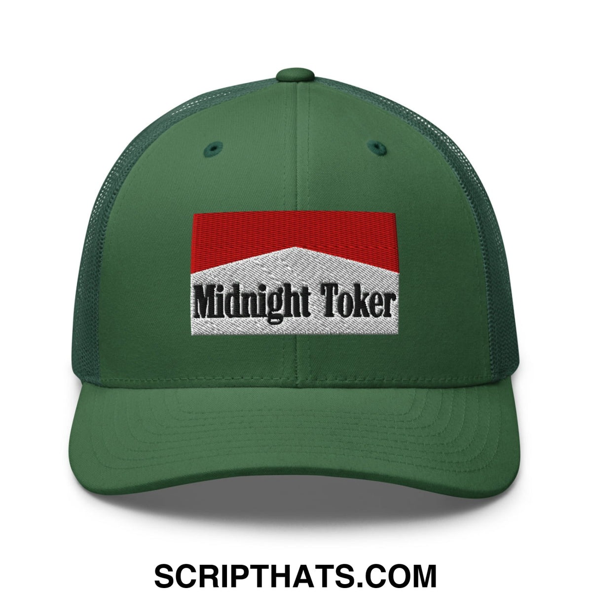 Green mesh trucker hat with red and white embroidered patch displaying midnight toker text for casual wear