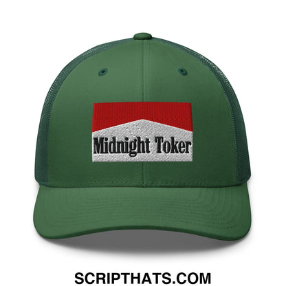 Green mesh trucker hat with red and white embroidered patch displaying midnight toker text for casual wear