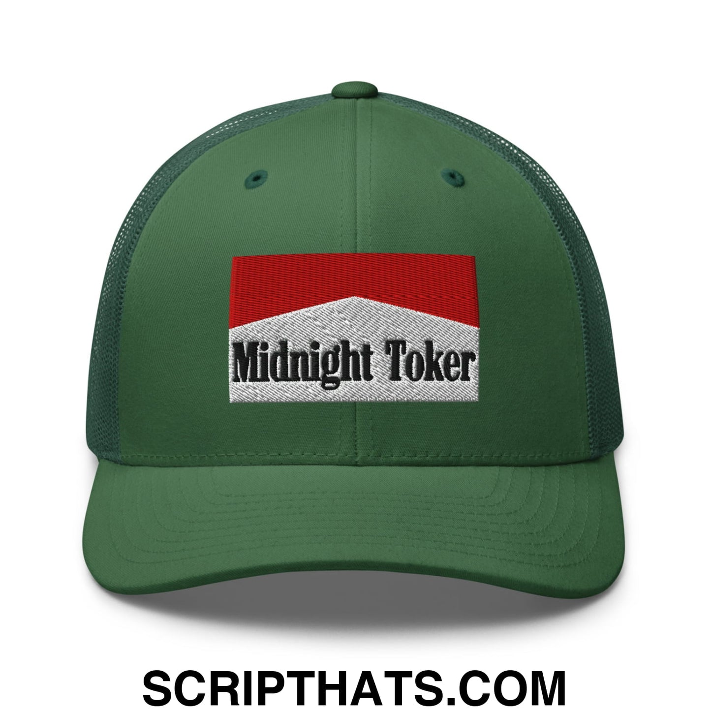 Midnight Toker Cigarette Red Embroidered Mesh Trucker Hat Evergreen