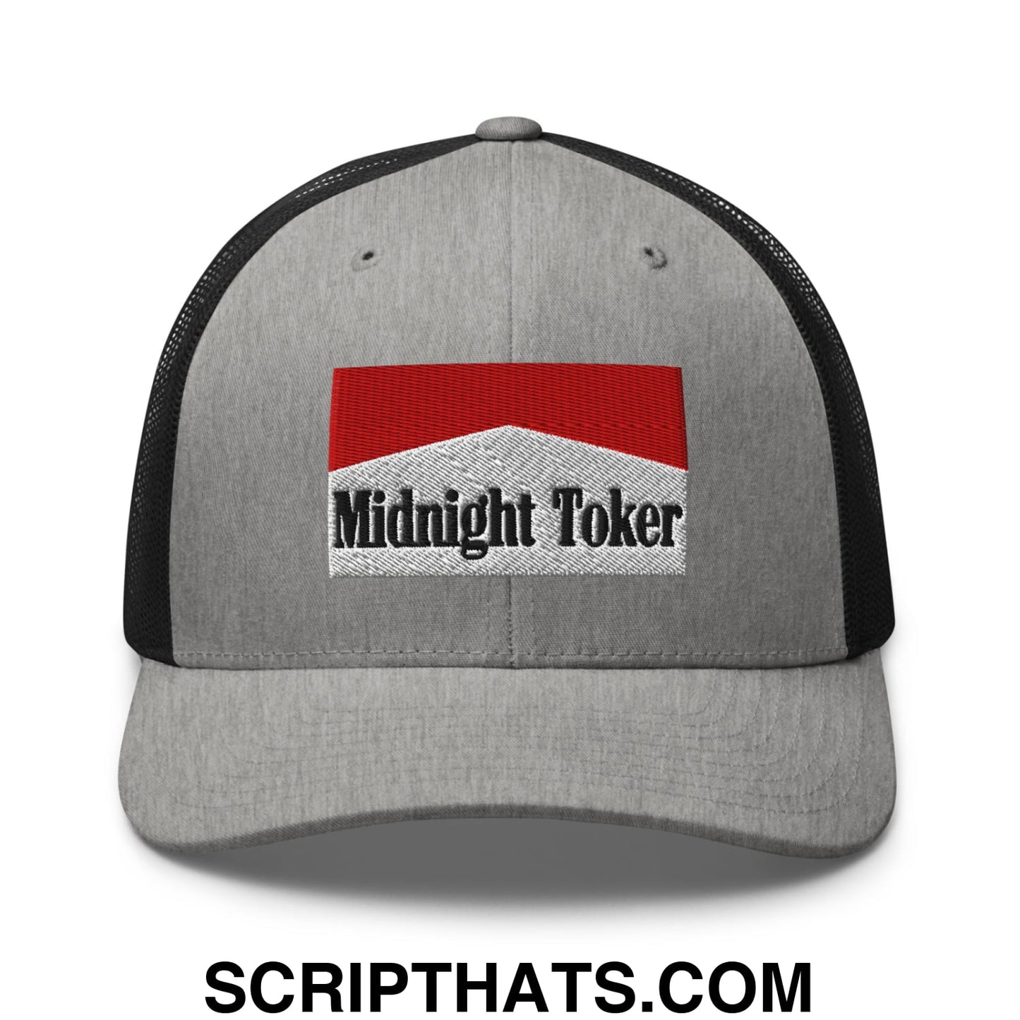 Midnight Toker Cigarette Red Embroidered Mesh Trucker Hat Heather Black