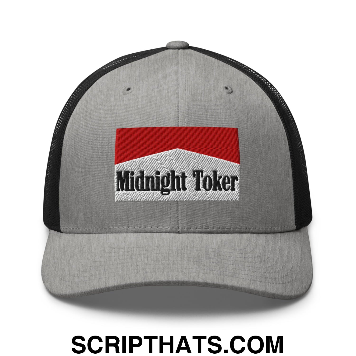 Midnight Toker Cigarette Red Embroidered Mesh Trucker Hat Heather Black