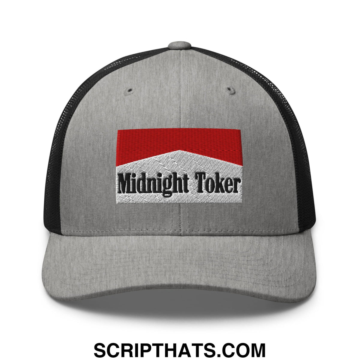 Gray mesh trucker hat with black back and red and white embroidered Midnight Toker patch in bold black lettering