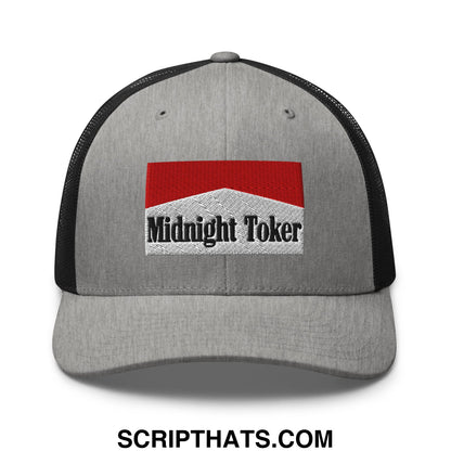 Gray mesh trucker hat with black back and red and white embroidered Midnight Toker patch in bold black lettering
