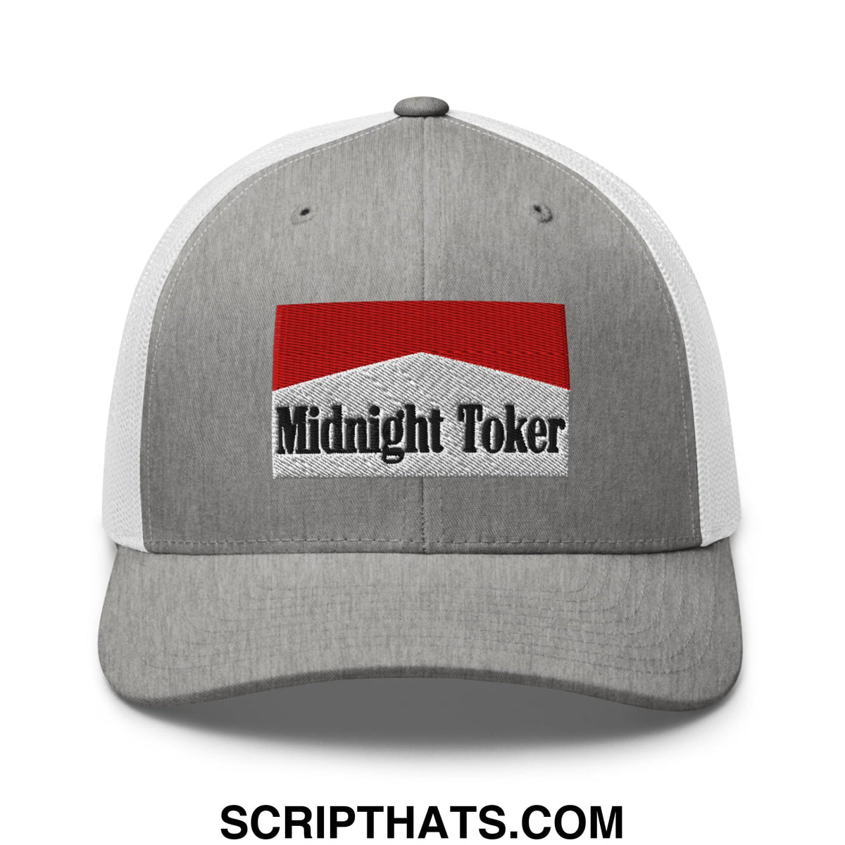 Gray and white mesh trucker hat with embroidered red and gray midnight toker logo inspired by marlboro design