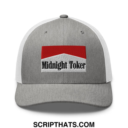 Gray and white mesh trucker hat with embroidered red and gray midnight toker logo inspired by marlboro design