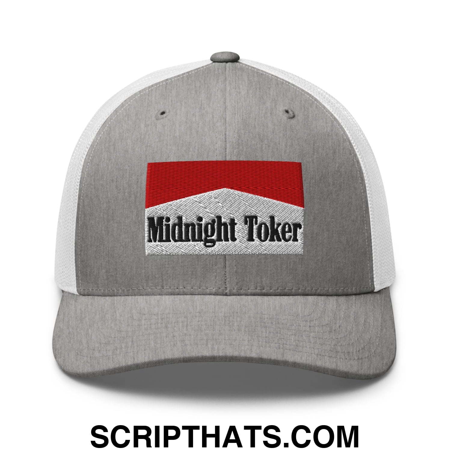 Midnight Toker Cigarette Red Embroidered Mesh Trucker Hat Heather Grey White