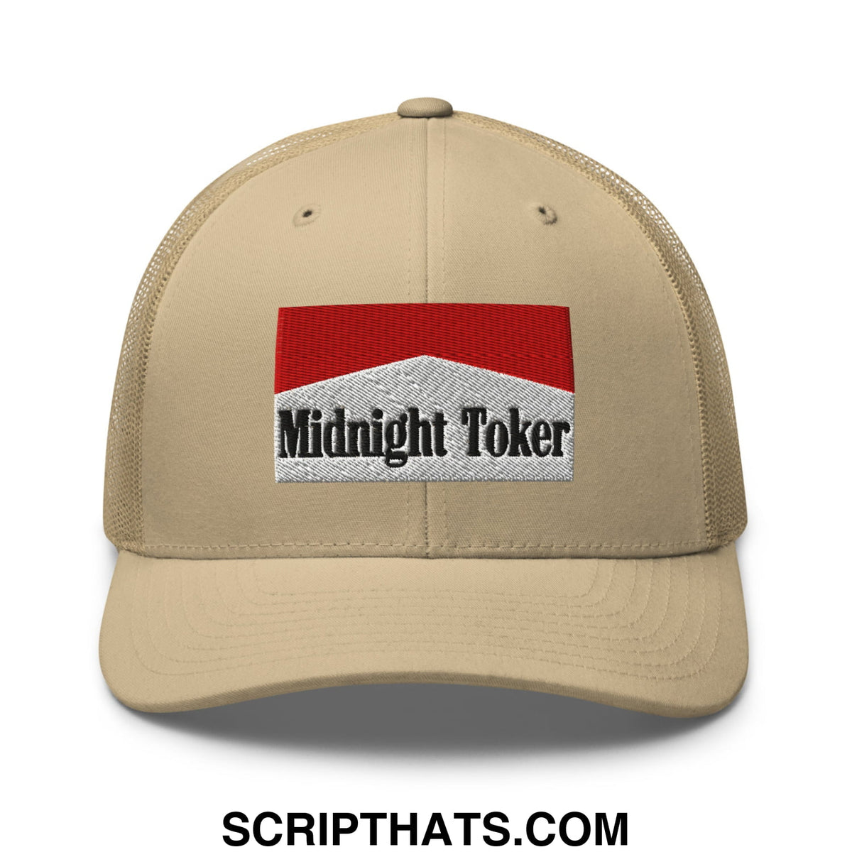 Beige mesh trucker hat featuring a red and silver embroidered midnight toker patch in black script