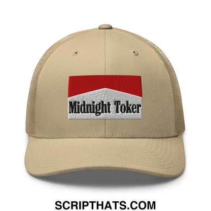 Beige mesh trucker hat featuring a red and silver embroidered midnight toker patch in black script