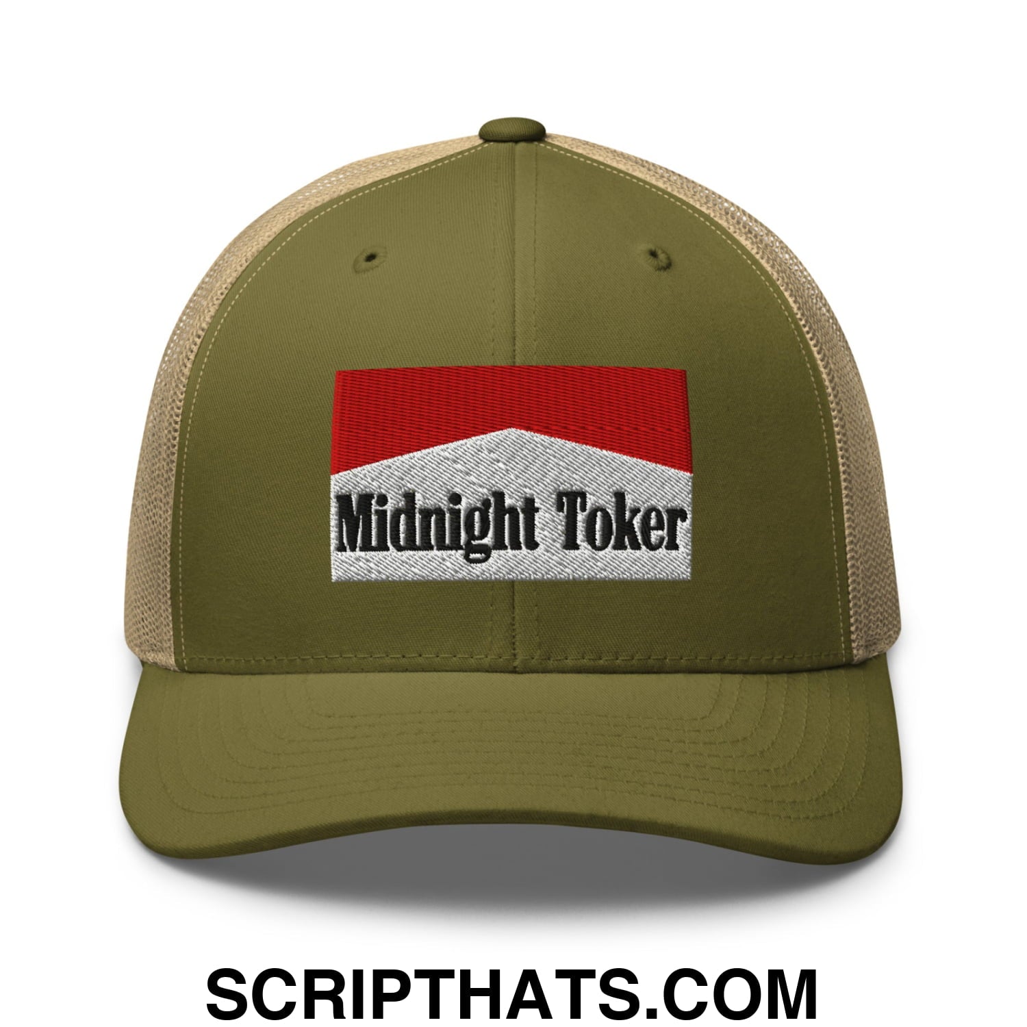 Midnight Toker Cigarette Red Embroidered Mesh Trucker Hat Moss Khaki