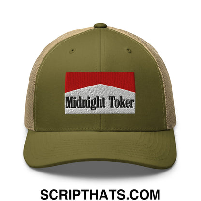 Midnight Toker Cigarette Red Embroidered Mesh Trucker Hat Moss Khaki