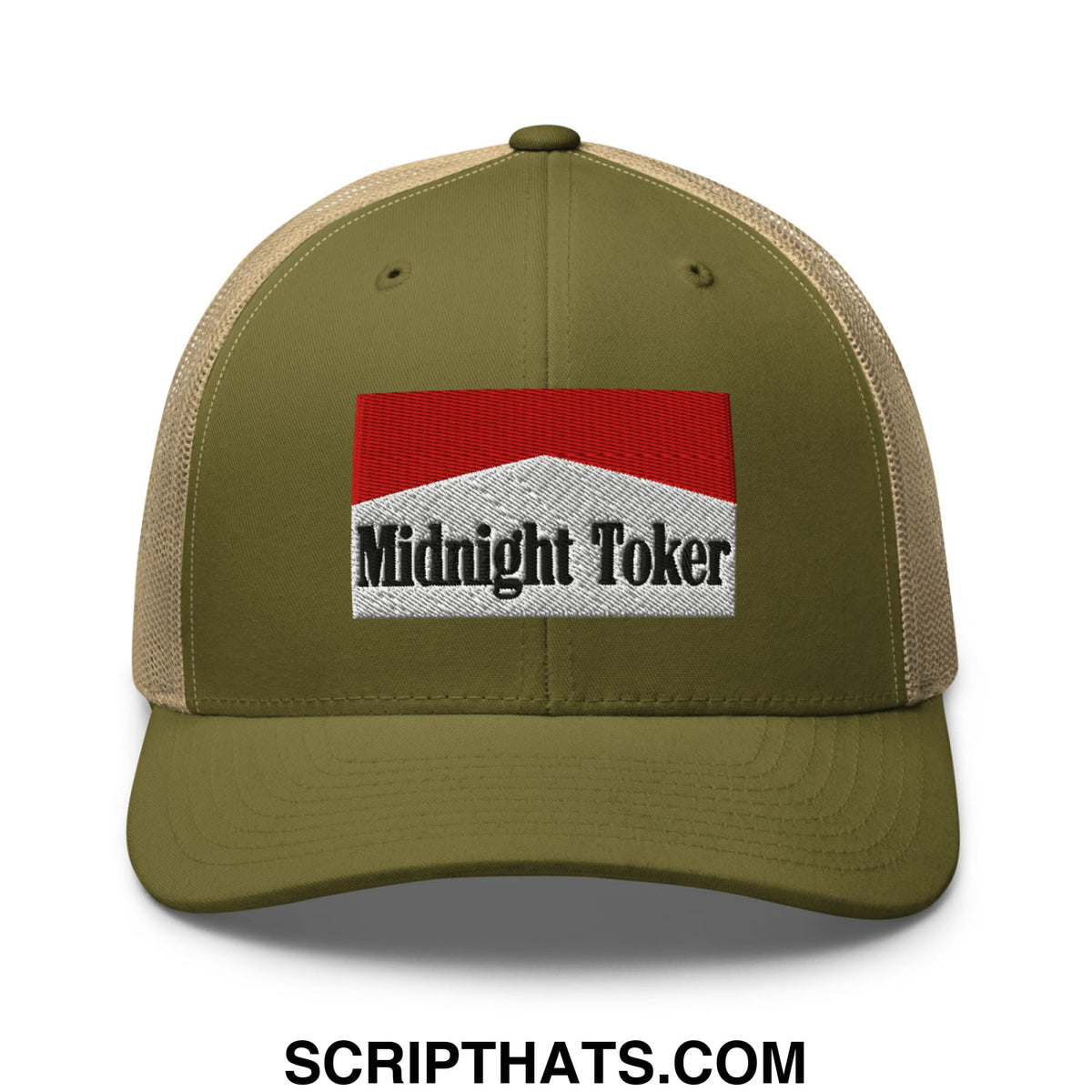 Olive green and beige mesh trucker hat with red white and black embroidered midnight toker logo front view
