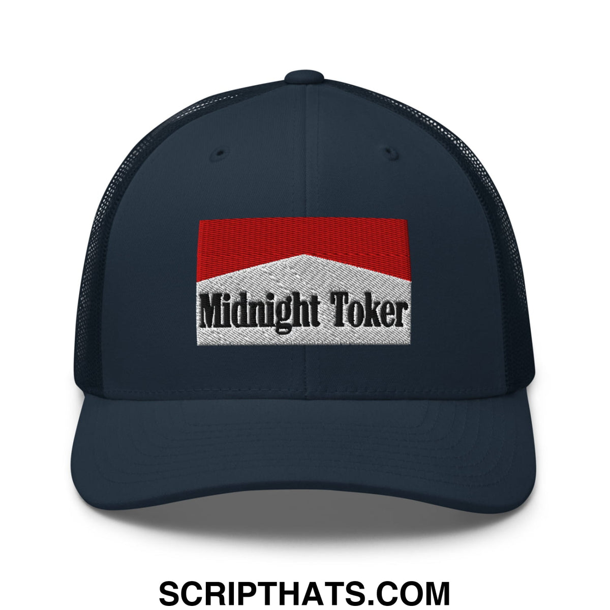 Dark navy mesh trucker hat with red and white embroidered midnight toker patch and black lettering