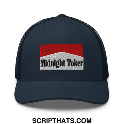 Dark navy mesh trucker hat with red and white embroidered midnight toker patch and black lettering