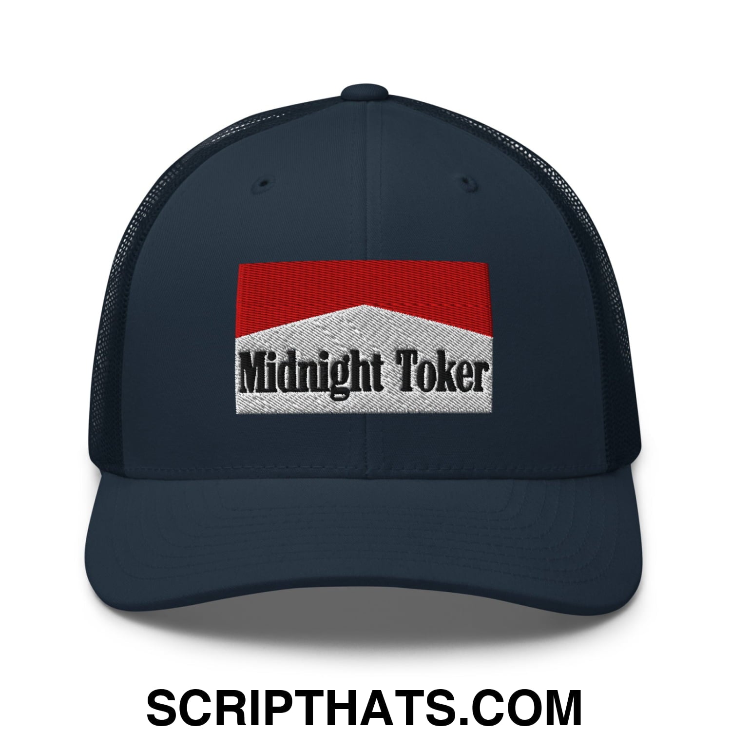 Midnight Toker Cigarette Red Embroidered Mesh Trucker Hat Navy
