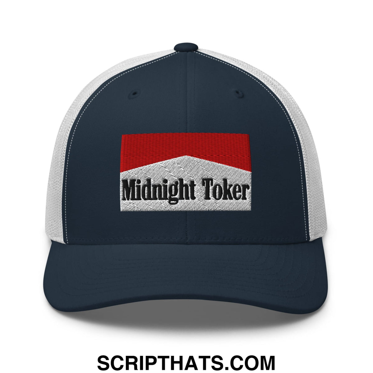 Navy blue and white mesh trucker hat with red and silver embroidered midnight toker logo inspired by marlboro design