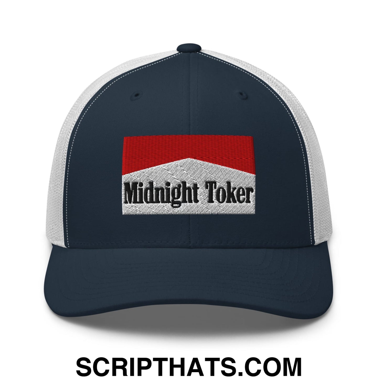 Midnight Toker Cigarette Red Embroidered Mesh Trucker Hat Navy White