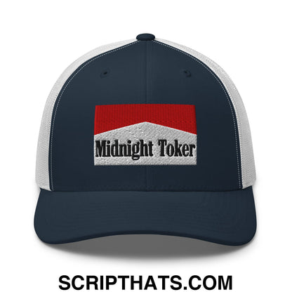 Midnight Toker Cigarette Red Embroidered Mesh Trucker Hat Navy White