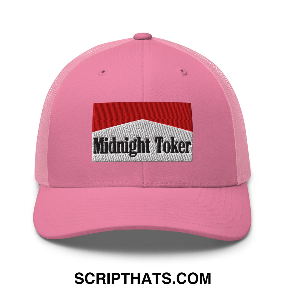 Pink mesh trucker hat with red and silver embroidered midnight toker cigarette patch in a breathable design