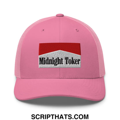 Pink mesh trucker hat with red and silver embroidered midnight toker cigarette patch in a breathable design