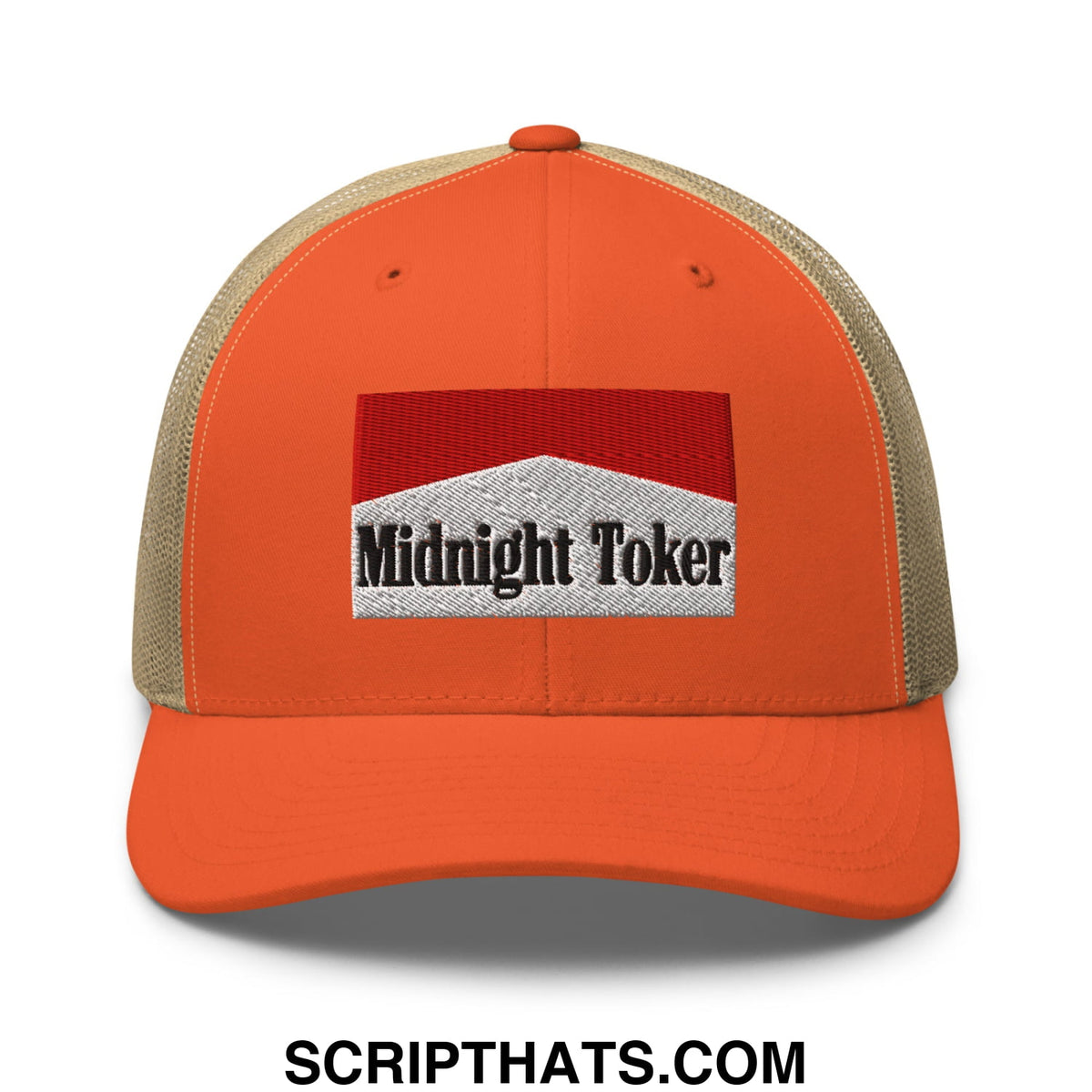 Orange and beige mesh trucker hat with red white and black embroidered midnight toker patch