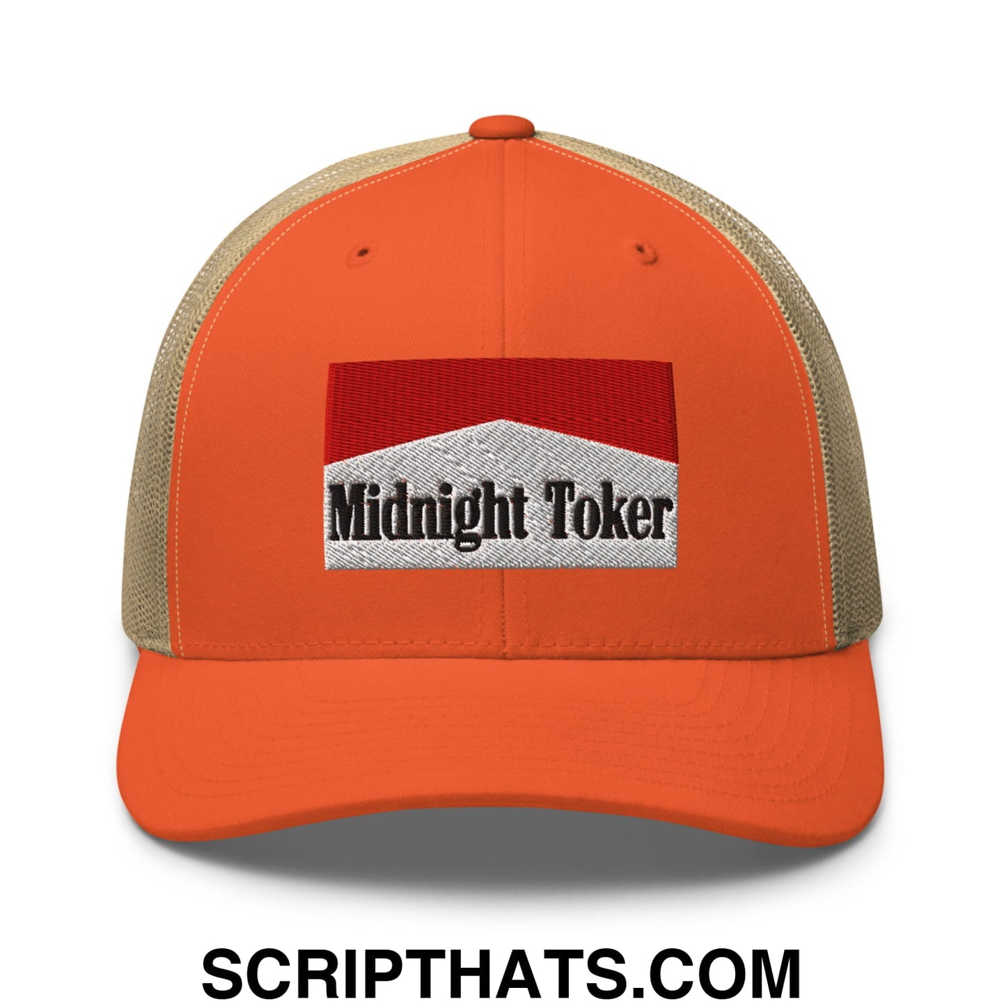 Midnight Toker Cigarette Red Embroidered Mesh Trucker Hat Rustic Orange Khaki