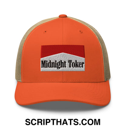 Midnight Toker Cigarette Red Embroidered Mesh Trucker Hat Rustic Orange Khaki
