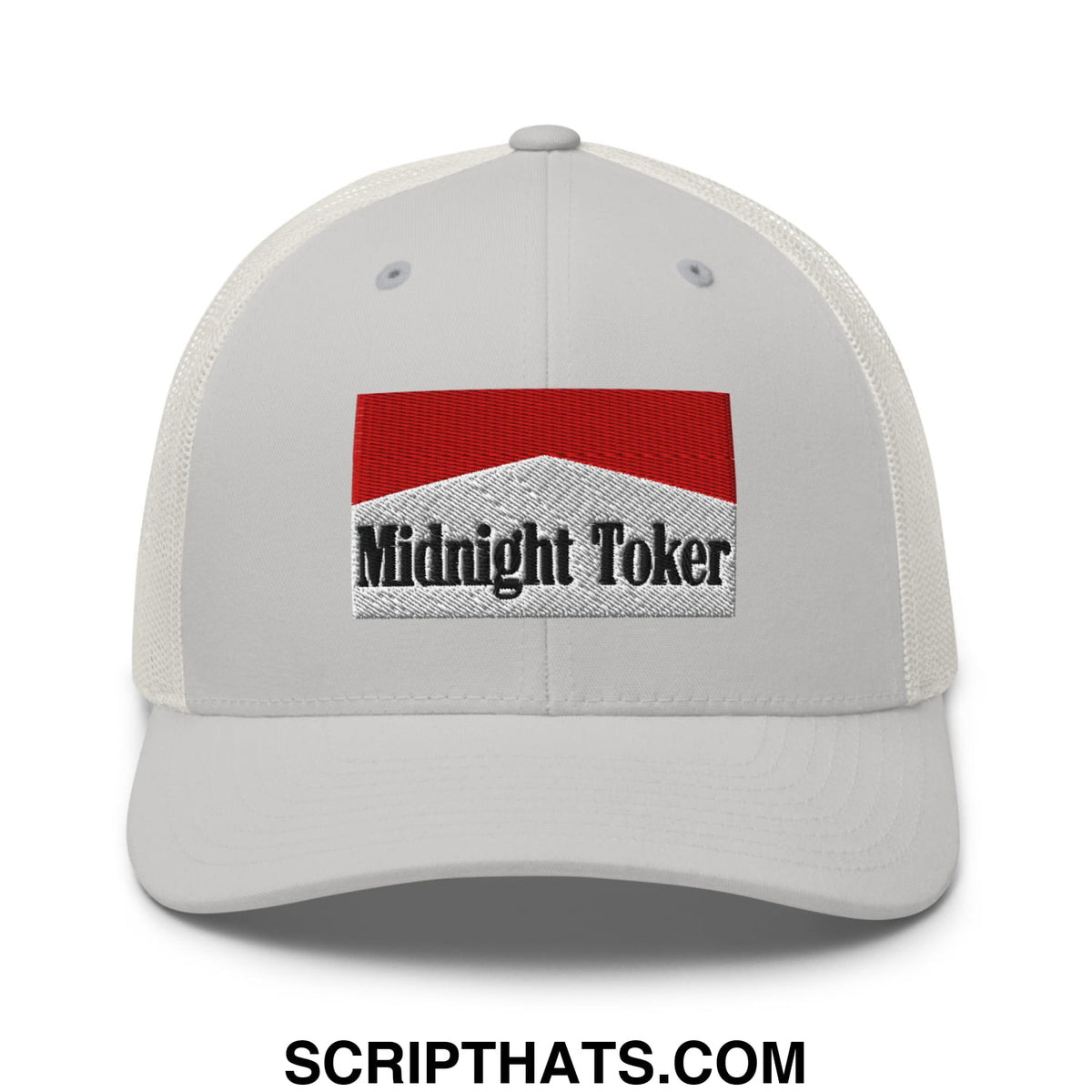 White mesh trucker hat with red and silver embroidered midnight toker patch for casual wear