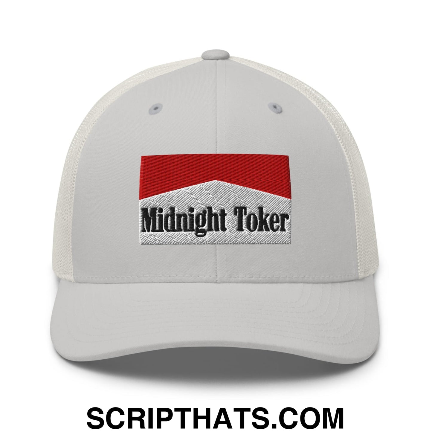 Midnight Toker Cigarette Red Embroidered Mesh Trucker Hat Silver