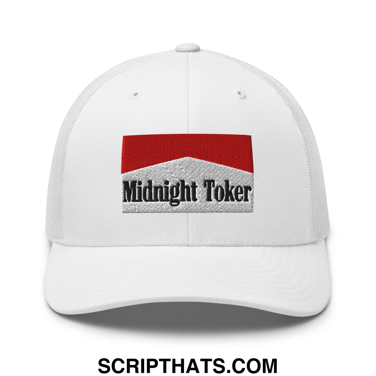 White mesh trucker hat with red and gray embroidered midnight toker logo inspired by marlboro cigarette design