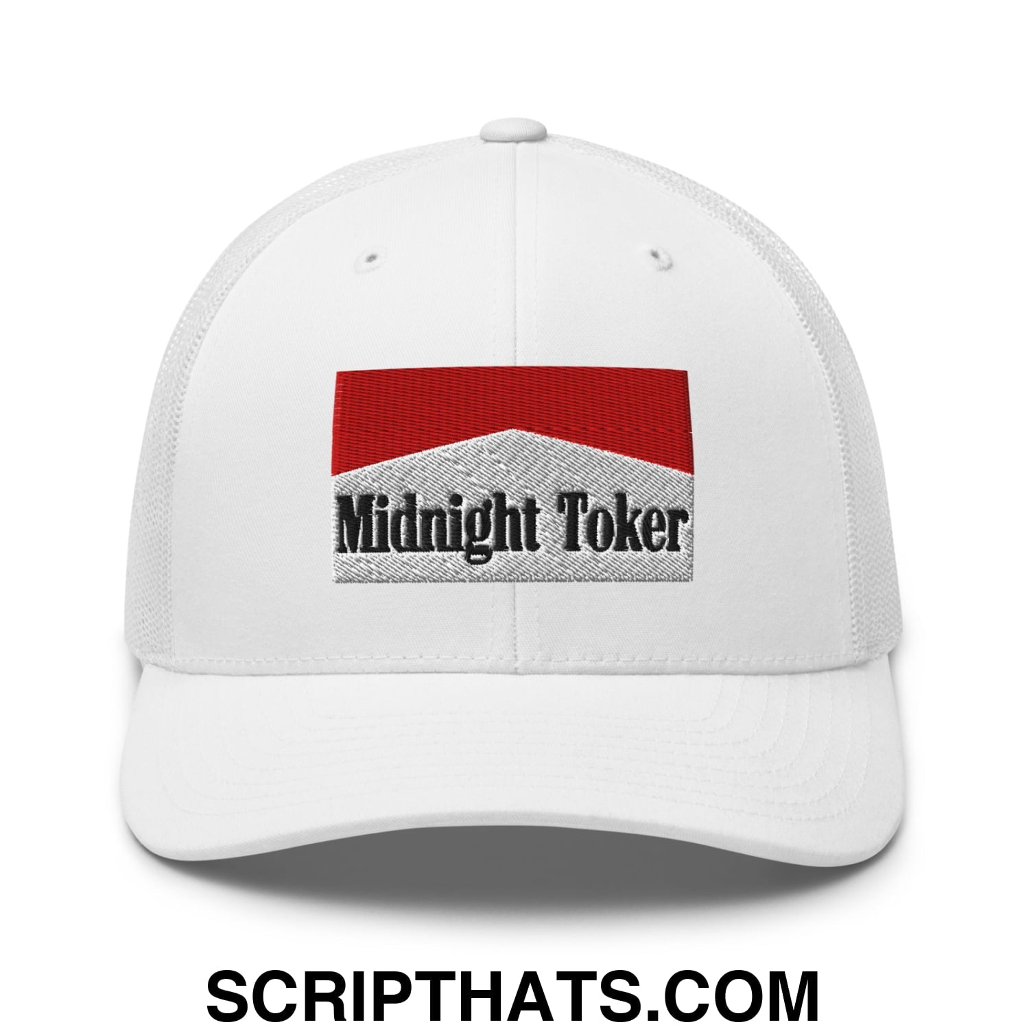 Midnight Toker Cigarette Red Embroidered Mesh Trucker Hat White