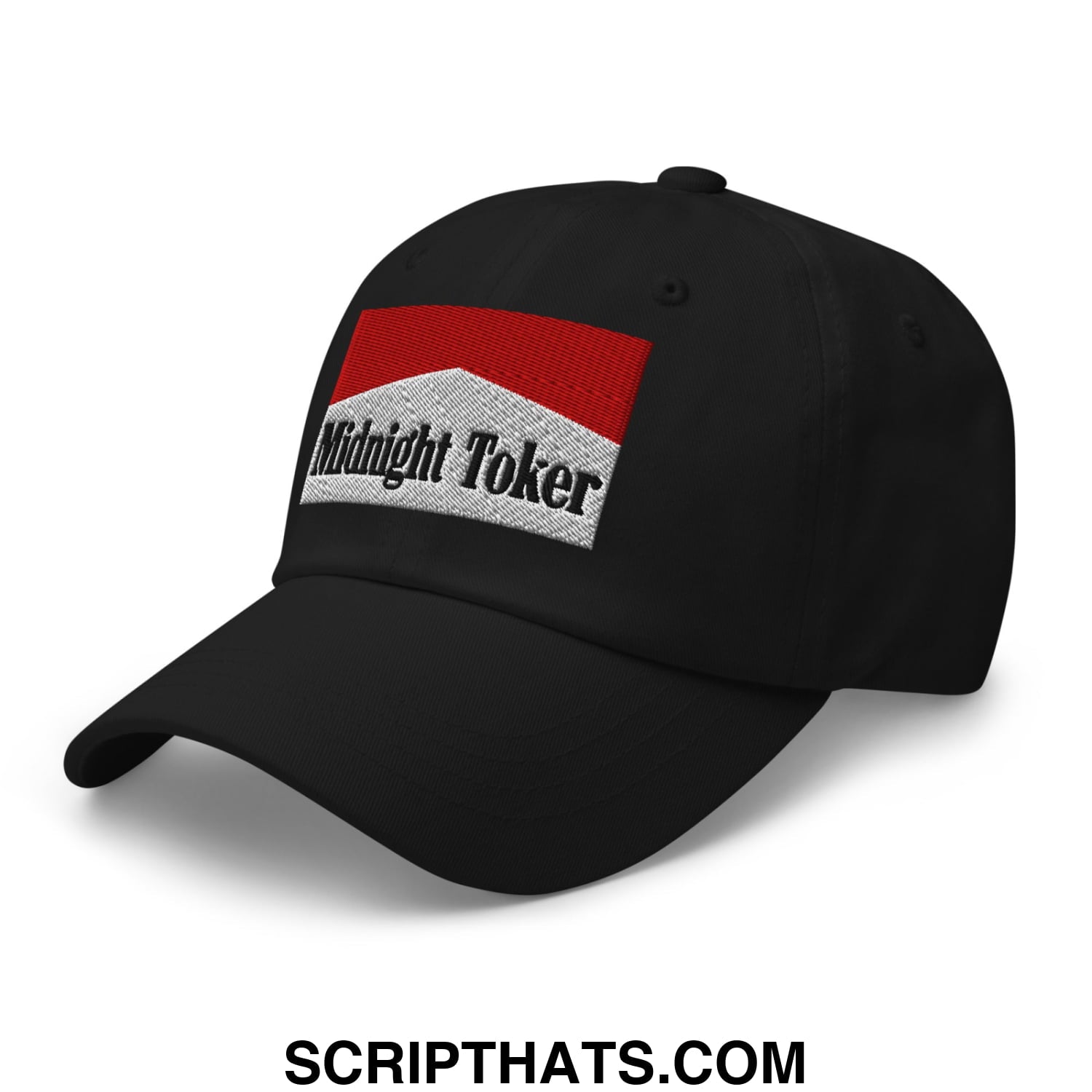 Midnight Toker Cigarette Red Embroidered Unstructured Dad Hat Black