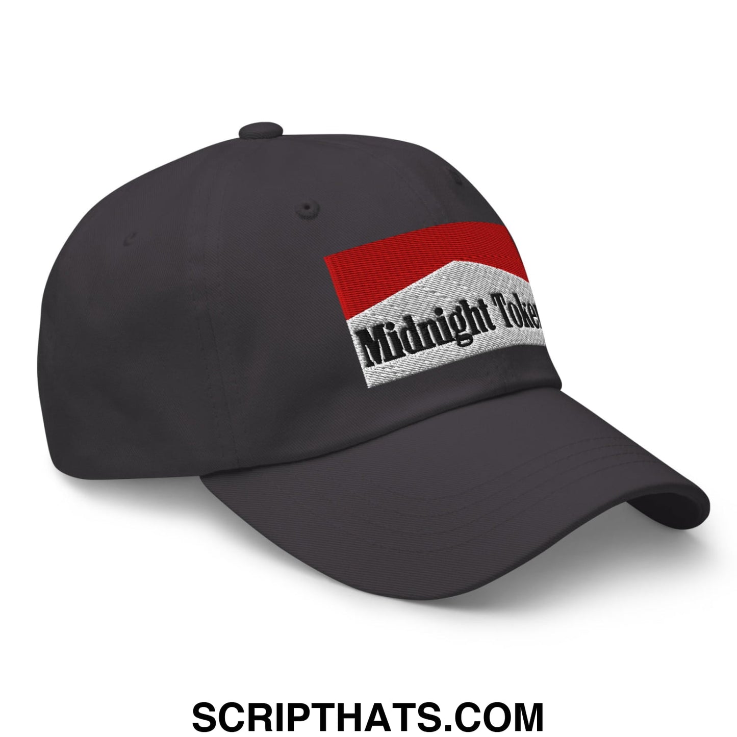 Midnight Toker Cigarette Red Embroidered Unstructured Dad Hat Dark Grey