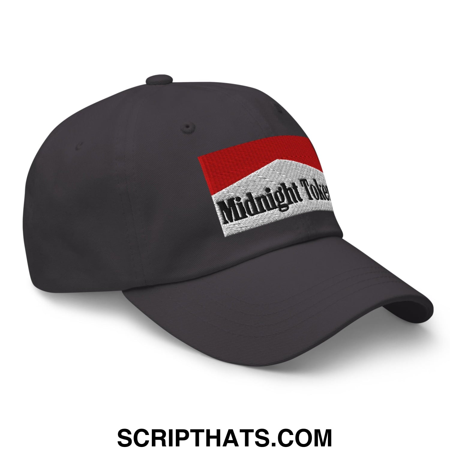 Midnight Toker Cigarette Red Embroidered Unstructured Dad Hat Dark Grey