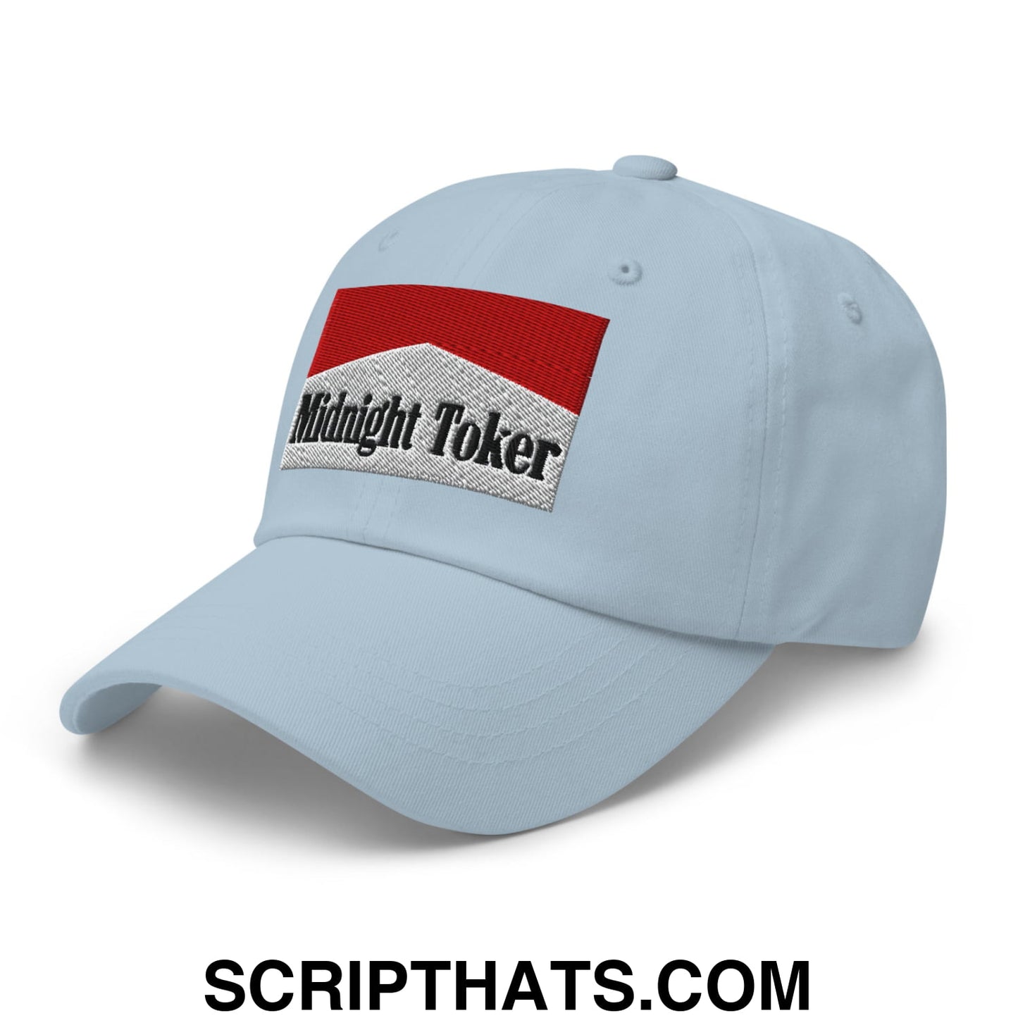 Midnight Toker Cigarette Red Embroidered Unstructured Dad Hat Light Blue