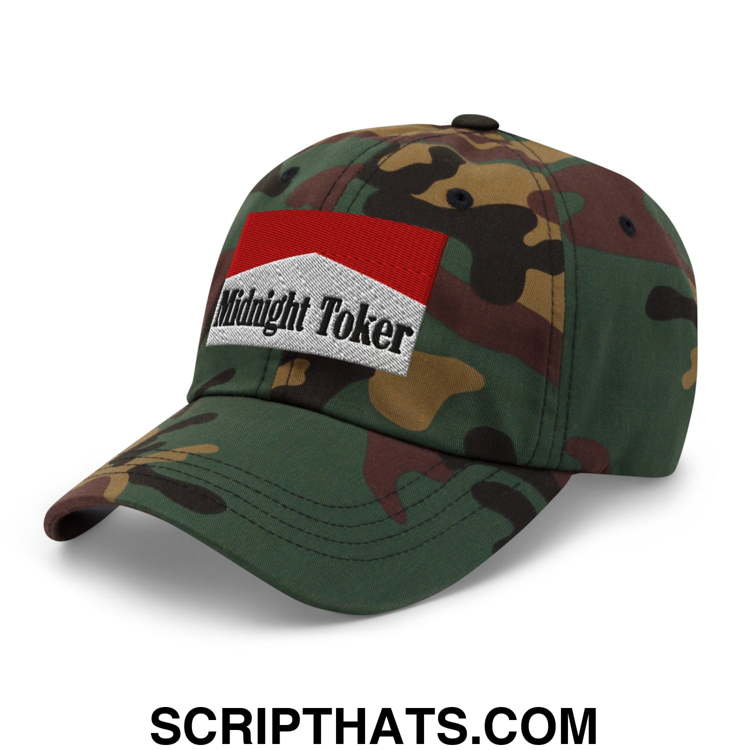 Midnight Toker Cigarette Red Embroidered Unstructured Dad Hat Green Camo