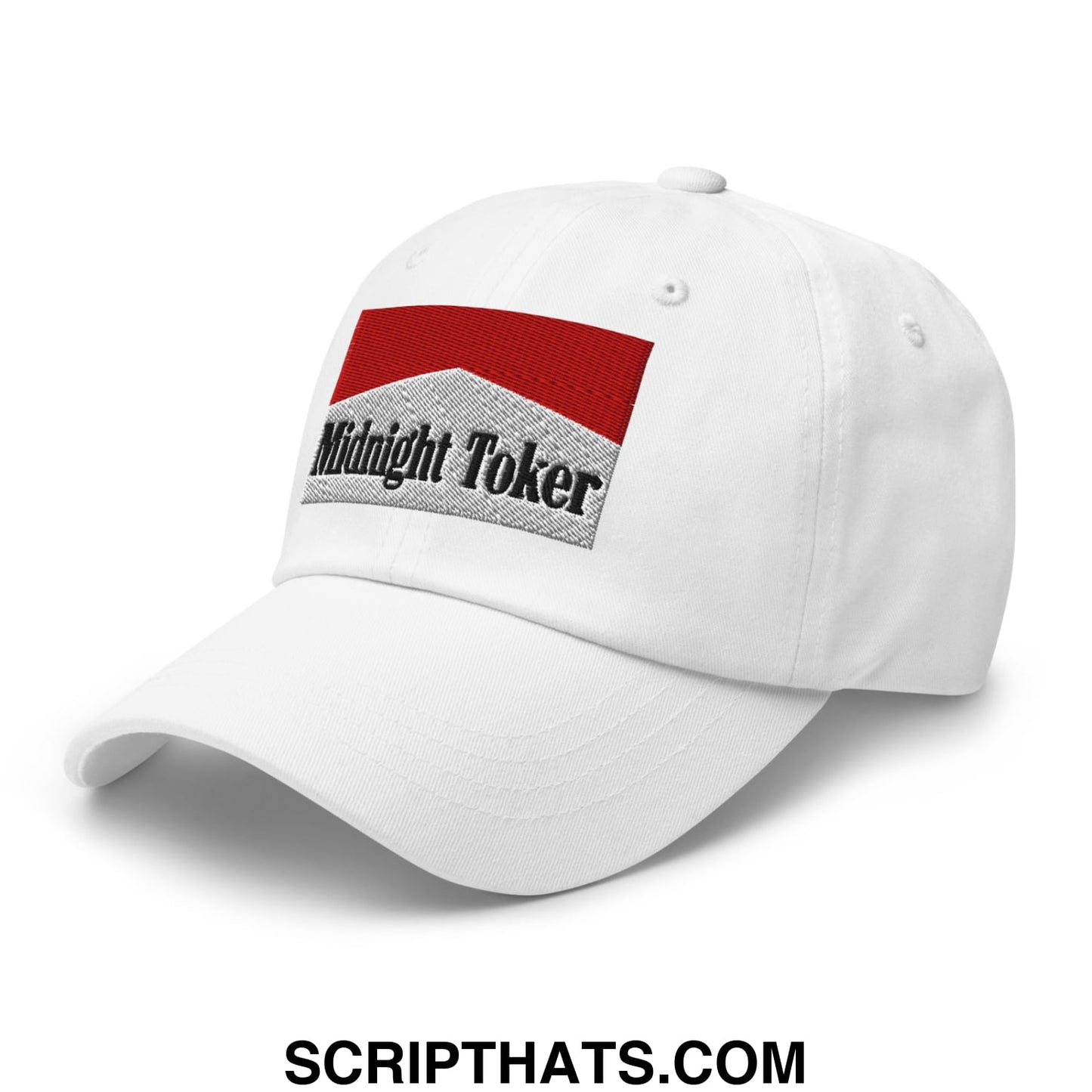 Midnight Toker Cigarette Red Embroidered Unstructured Dad Hat White