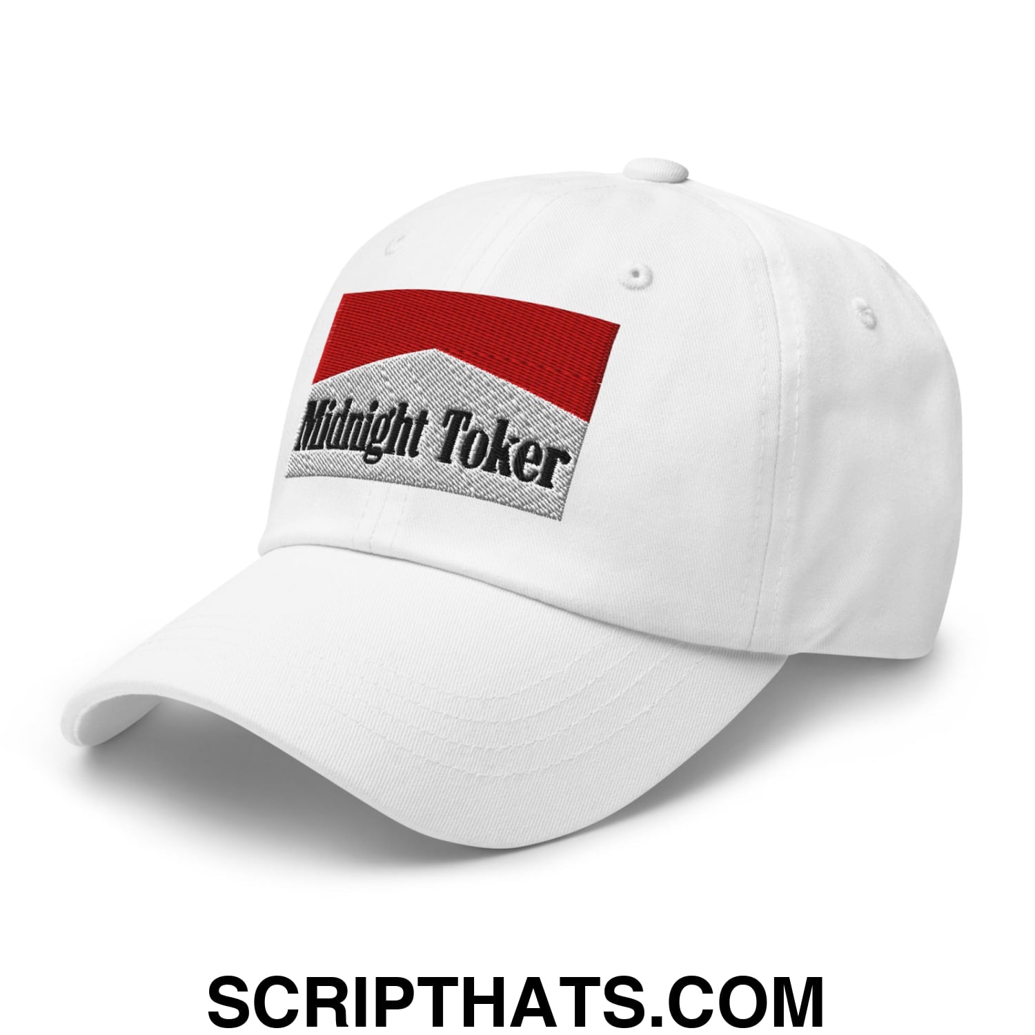 Midnight Toker Cigarette Red Embroidered Unstructured Dad Hat White