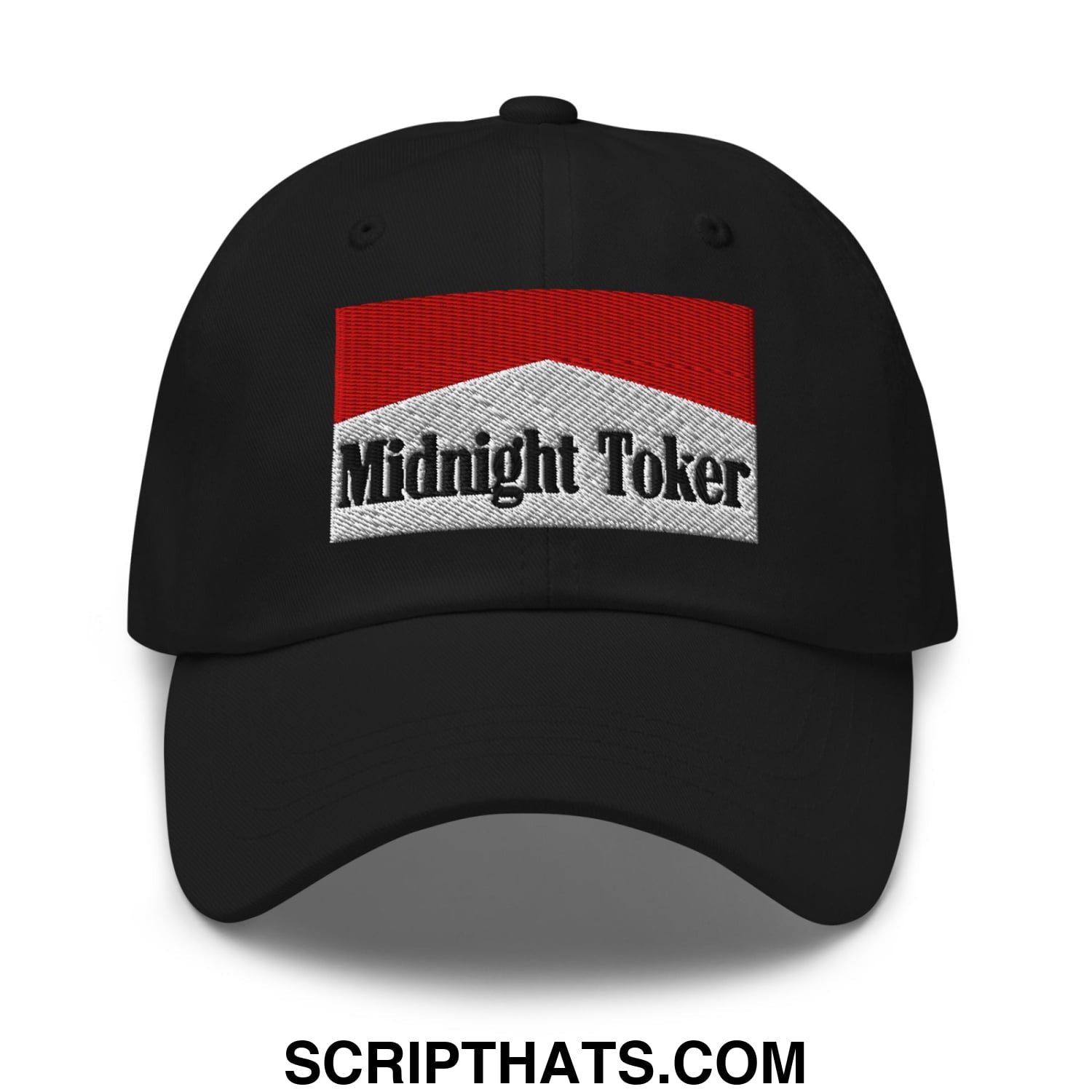 Midnight Toker Cigarette Red Embroidered Unstructured Dad Hat Black