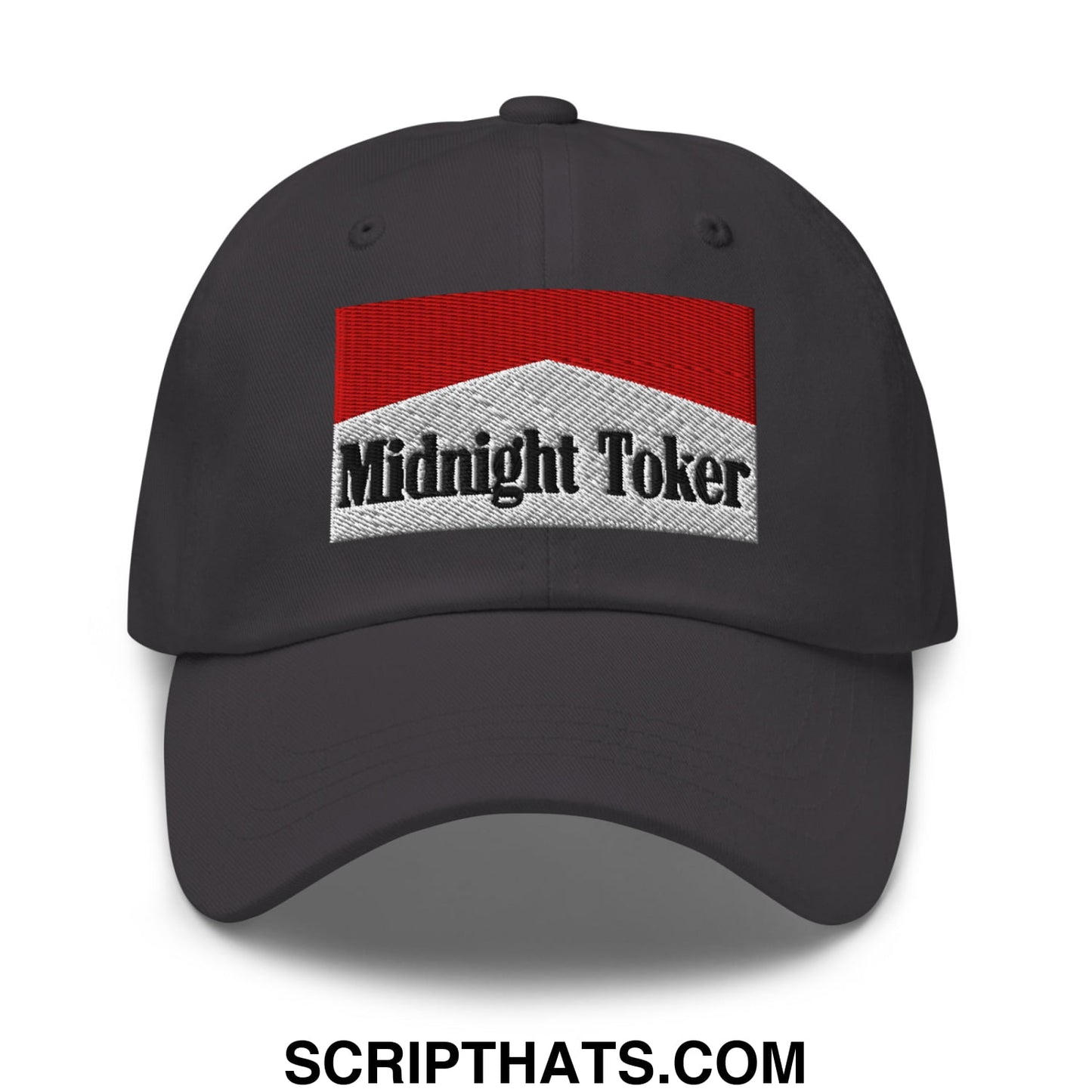Midnight Toker Cigarette Red Embroidered Unstructured Dad Hat Dark Grey