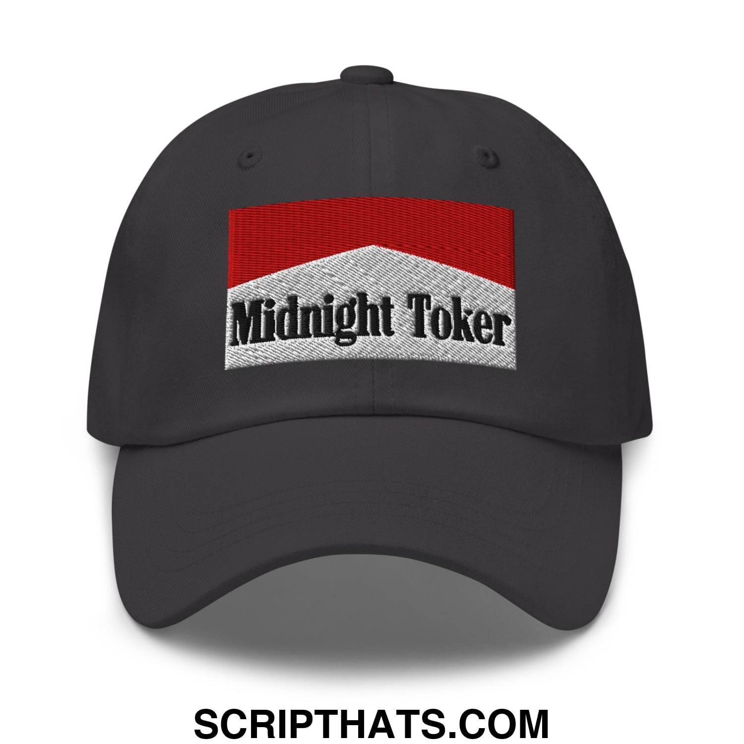 Midnight Toker Cigarette Red Embroidered Unstructured Dad Hat Dark Grey