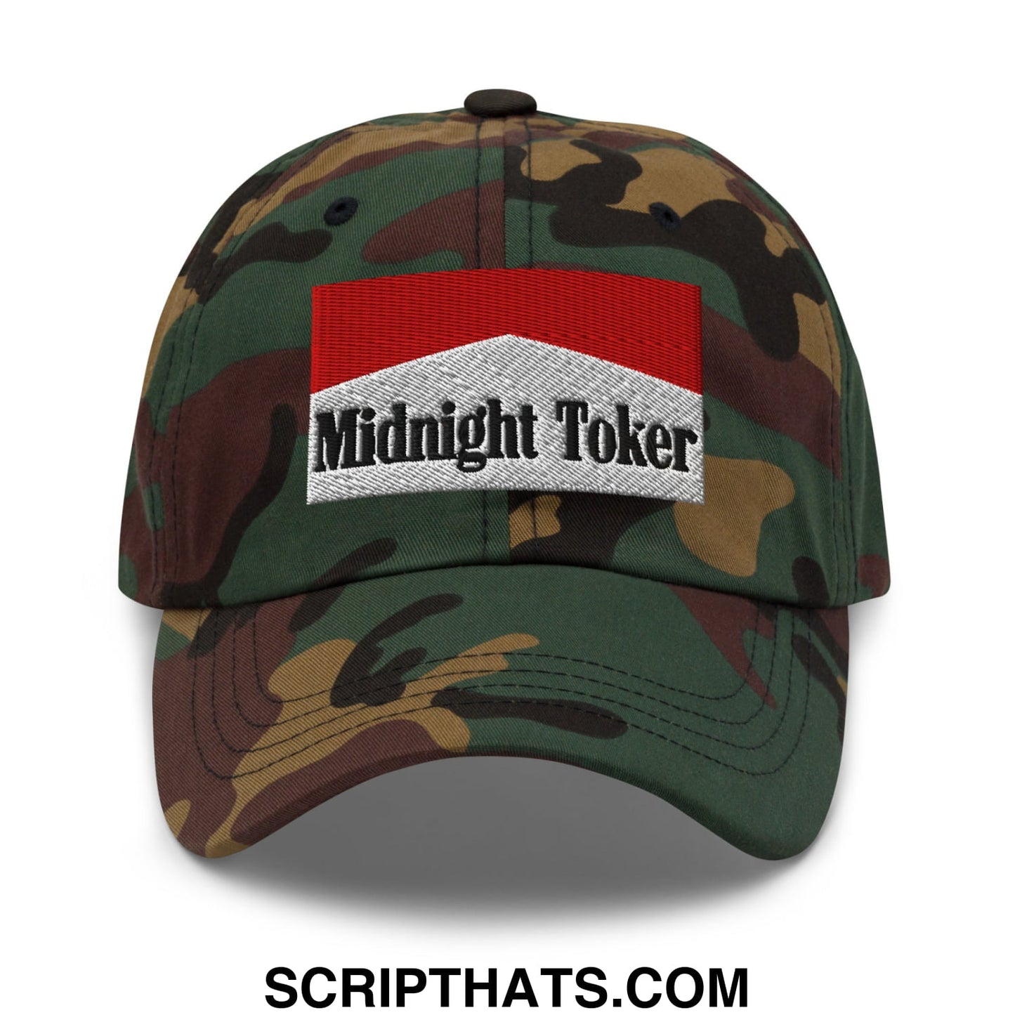 Midnight Toker Cigarette Red Embroidered Unstructured Dad Hat Green Camo