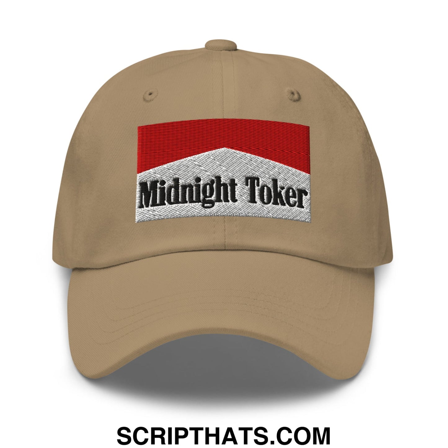 Midnight Toker Cigarette Red Embroidered Unstructured Dad Hat Khaki