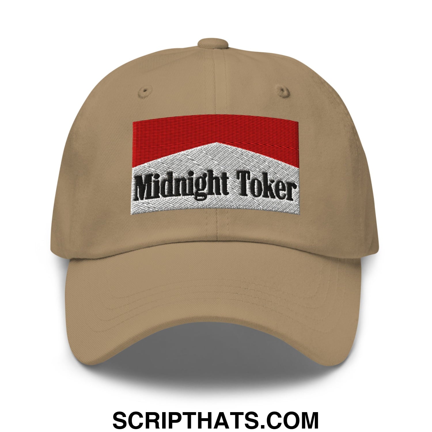 Midnight Toker Cigarette Red Embroidered Unstructured Dad Hat Khaki