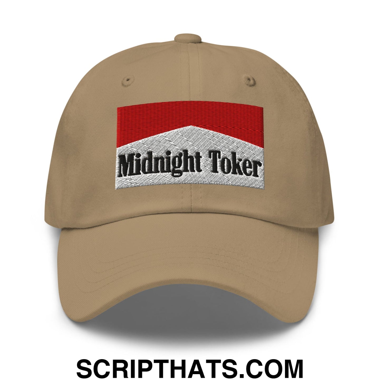 Midnight Toker Cigarette Red Embroidered Unstructured Dad Hat Khaki