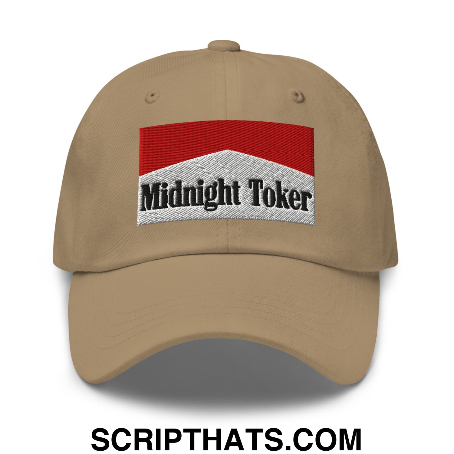 Midnight Toker Cigarette Red Embroidered Unstructured Dad Hat Khaki