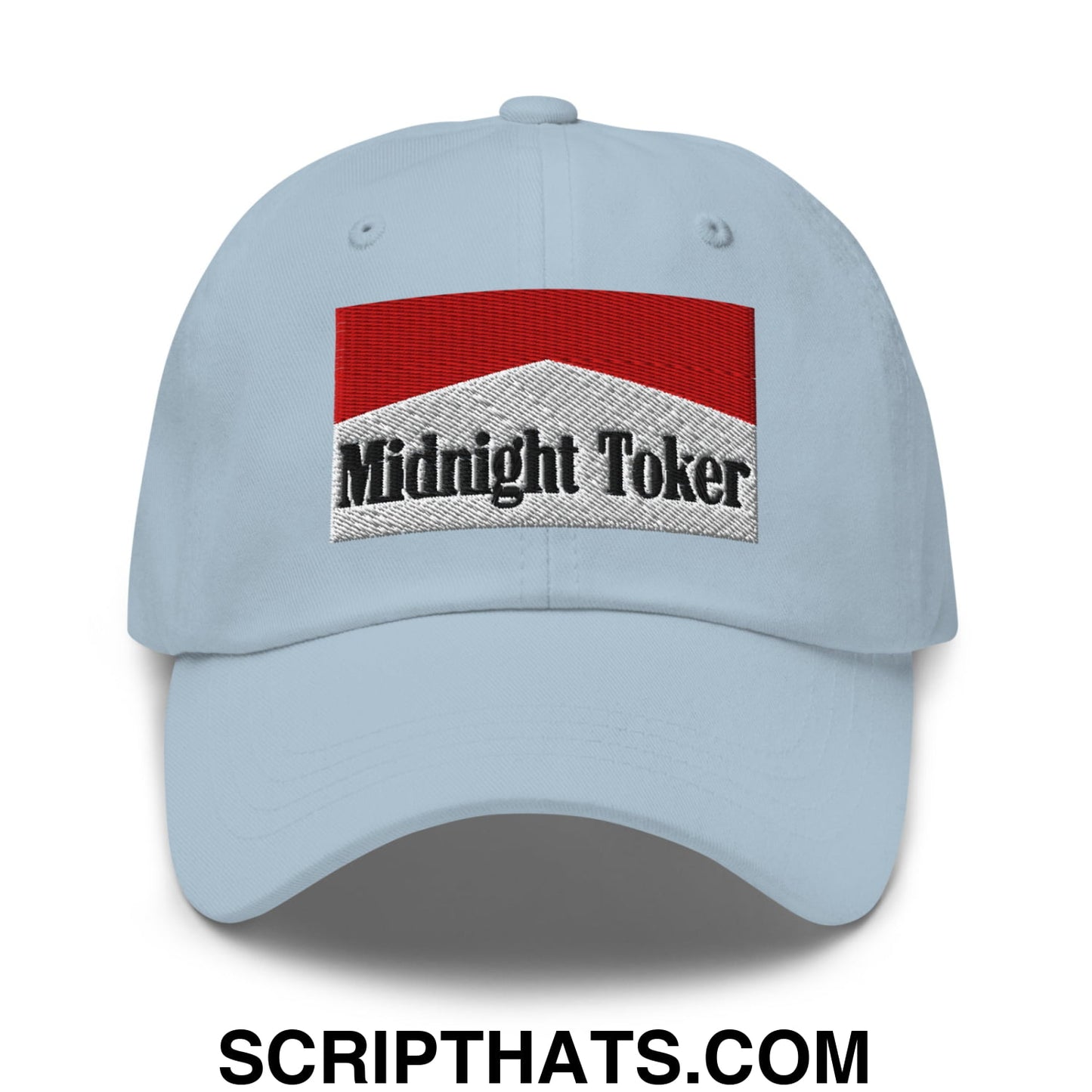 Midnight Toker Cigarette Red Embroidered Unstructured Dad Hat Light Blue